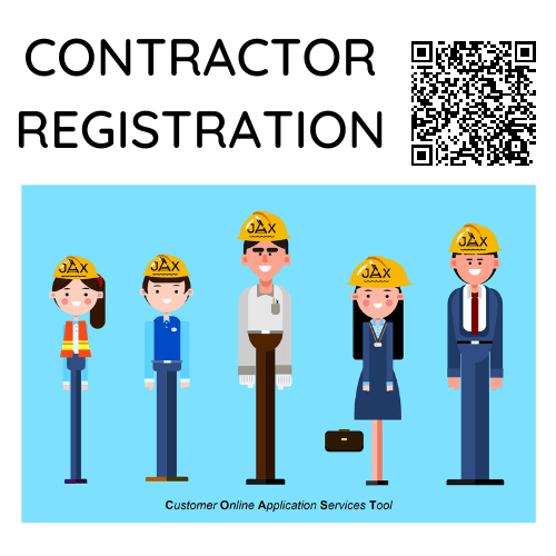Contractor Registration, QR Code Link, Worker with Hard Hats